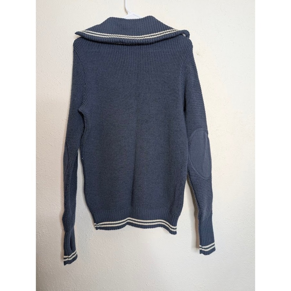 Devold Mens Small Navy Blue Knit Sweater Elbow Patches Norway 1/4 Zip Thumbholes View 3
